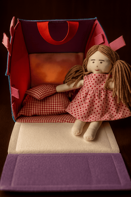 Felt Handcrafted Portable Doll House with a Rag doll - yarnandyawn