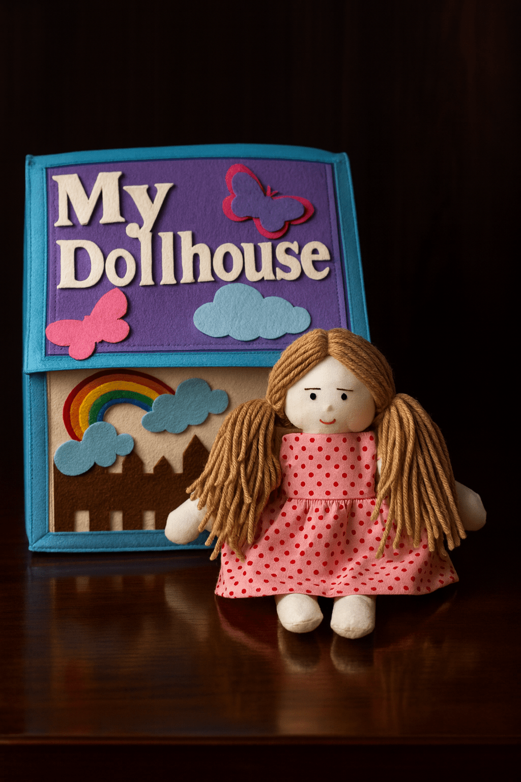 Felt Handcrafted Portable Doll House with a Rag doll - yarnandyawn