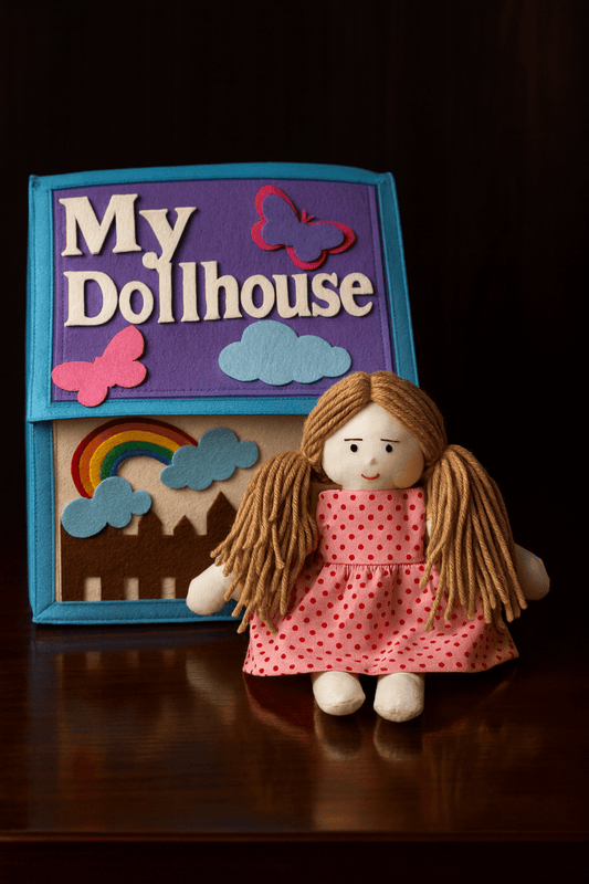 Felt Handcrafted Portable Doll House with a Rag doll - yarnandyawn