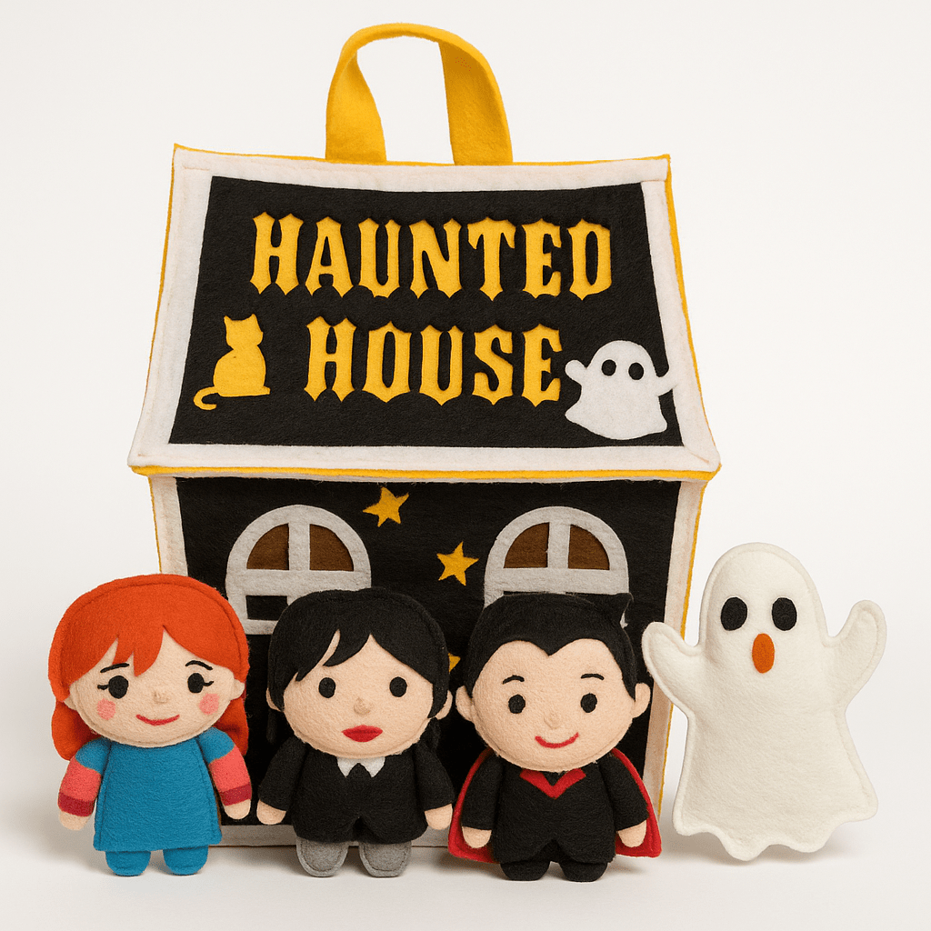 Handmade Haunted House Felt Lamp – Pretend Play & Halloween Sensory Set for Kids with 3 spooky characters - yarnandyawn