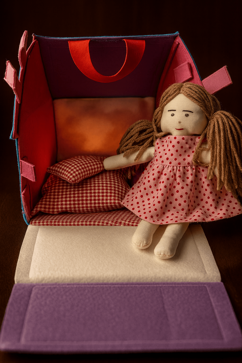 Felt Handcrafted Portable Doll House with a Rag doll - yarnandyawn