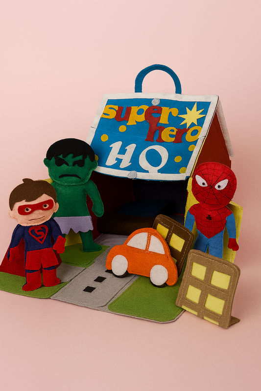 Handmade Felt Superhero Headquarter|  Interactive Playhouse with Superhero Figures
